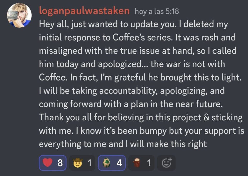 Logan's response to Coffeezilla and apology to the CryptoZoo investors (Via X)