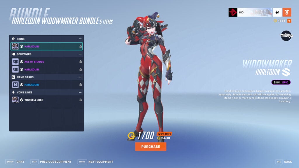 The Harlequin Widowmaker skin in Overwatch 2