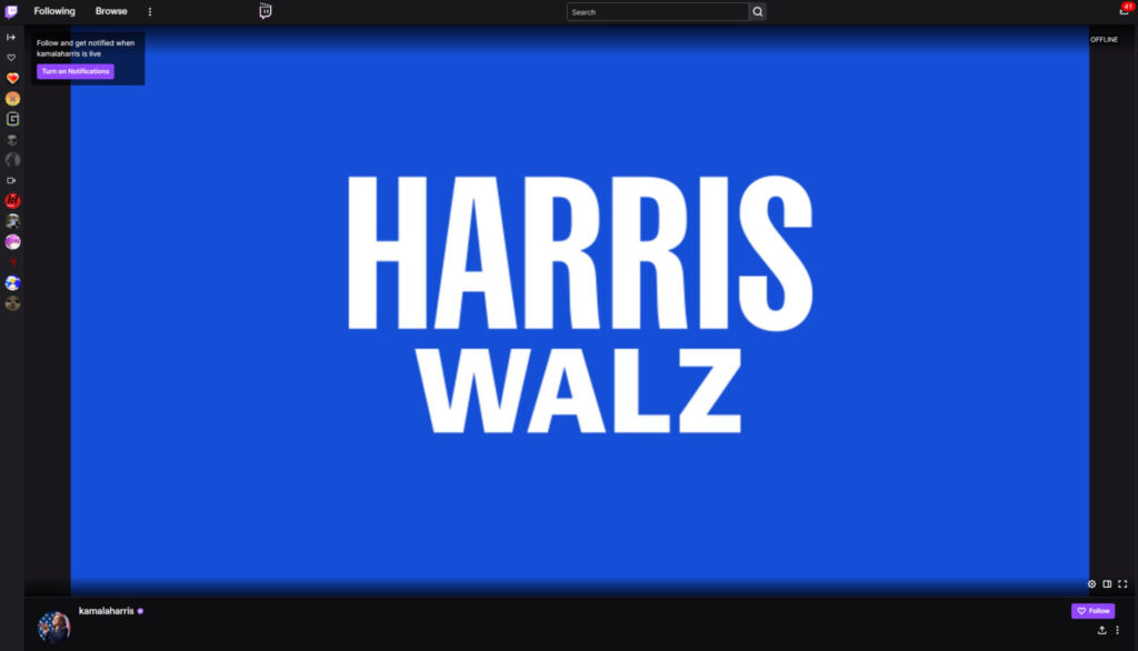 Screenshot of the Kamala Harris Twitch account