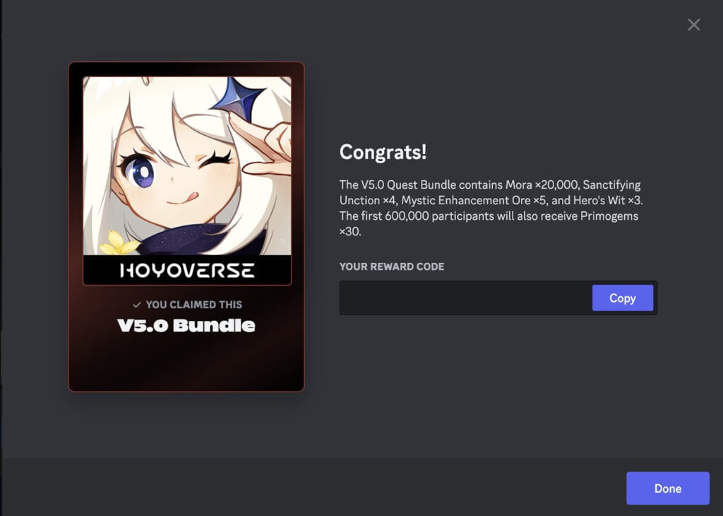 Genshin Impact Version 5.0 Discord Quest bundle rewards