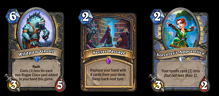 Wildpaw Gnoll, Secret Passage, and Sorcerer's Apprentice in Hearthstone