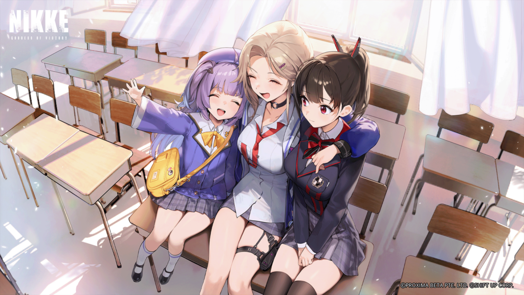 NIKKE Wallpaper of Rei, Ein and Zwei in a classroom