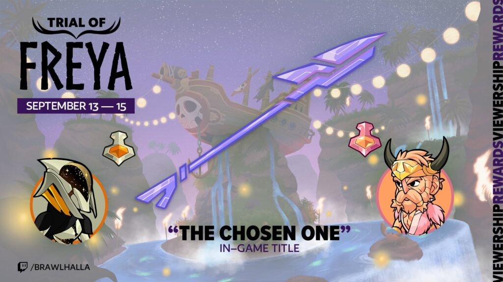 The image shows cosmetic items for the game Brawlhalla, which were in the viewership rewards program for the exports event the Trial of Freya