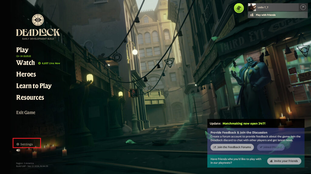 Screenshot taken of Deadlock's main menu where players can access Settings.