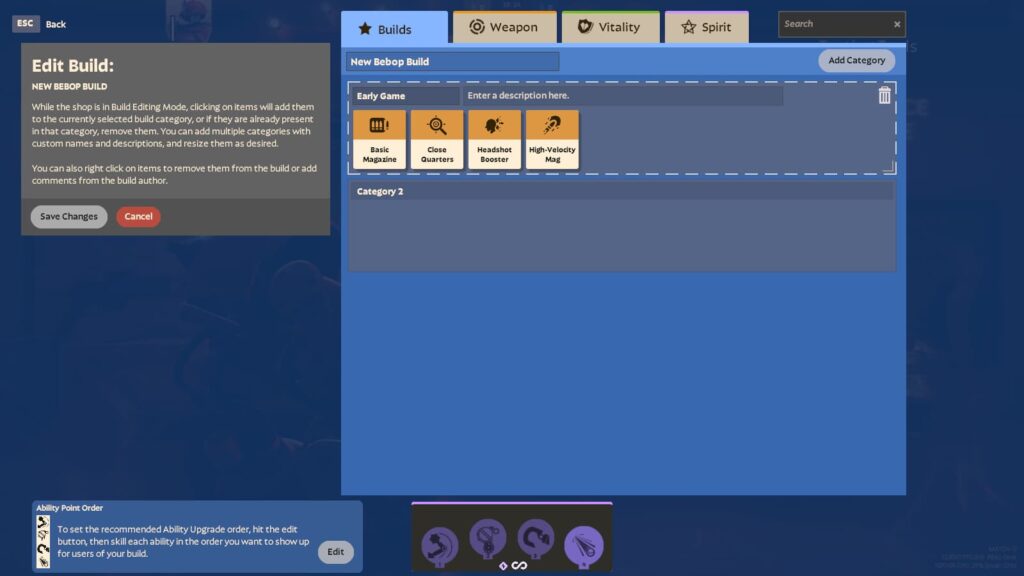 A player has added abilities to the Early Game category in a custom build they created in Deadlock.