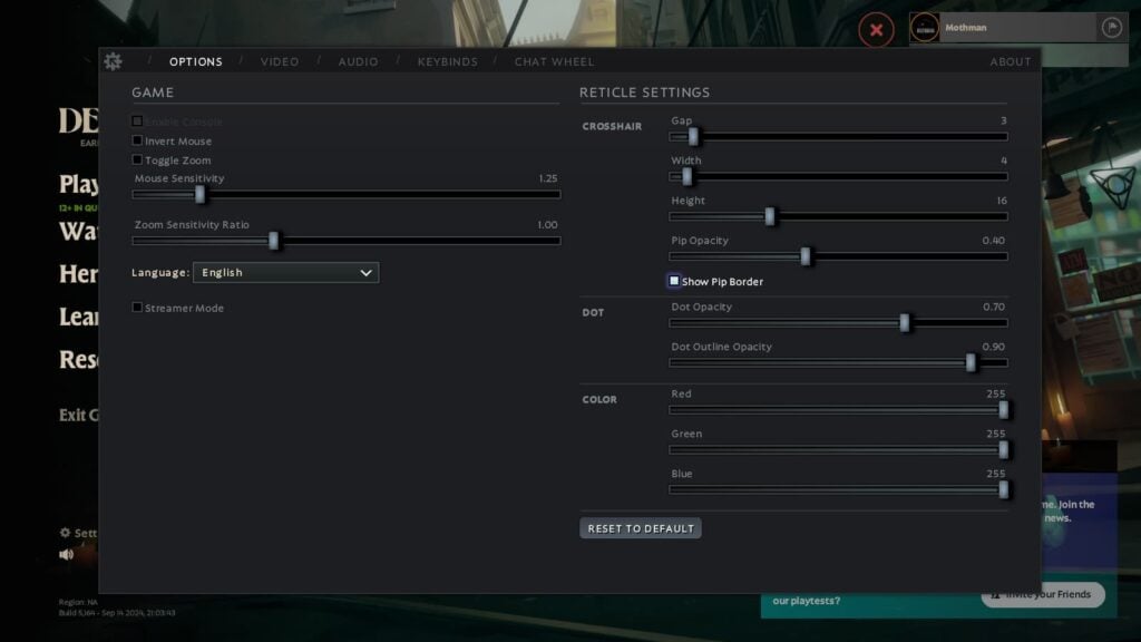 The crosshair settings section of Deadlock.