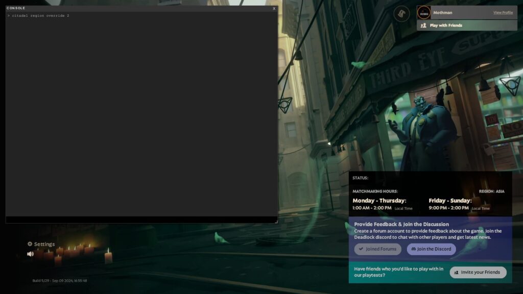 The Deadlock console with the command entered to swap regions from NA to Asia.