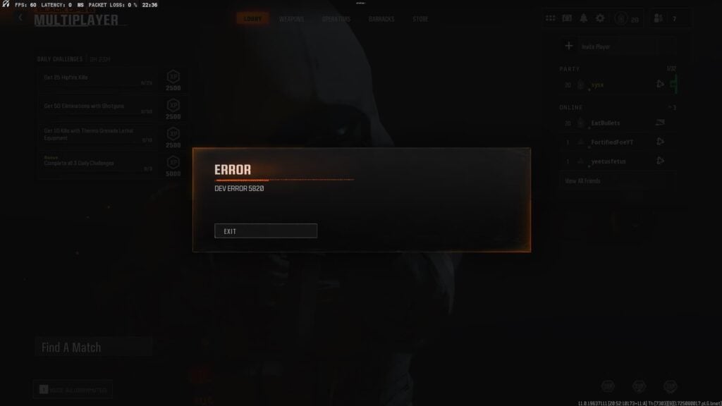Dev Error 5820 in Black Ops 6