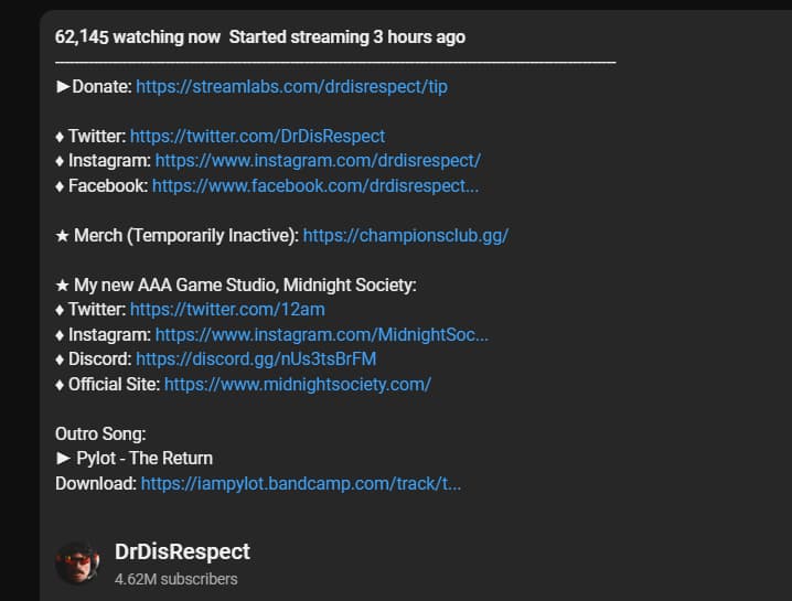 The description of Guy "Dr Disrespect" Beahm's return stream on YouTube, September 6, 2024 showing Midnight Society links.