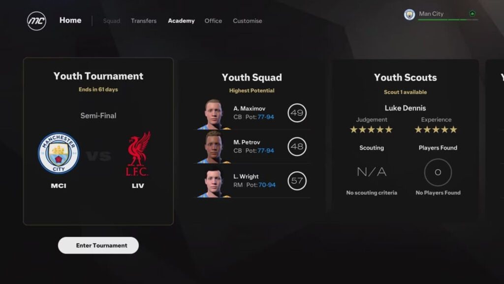 Rush's youth tournaments in EA FC 25 Career Mode.