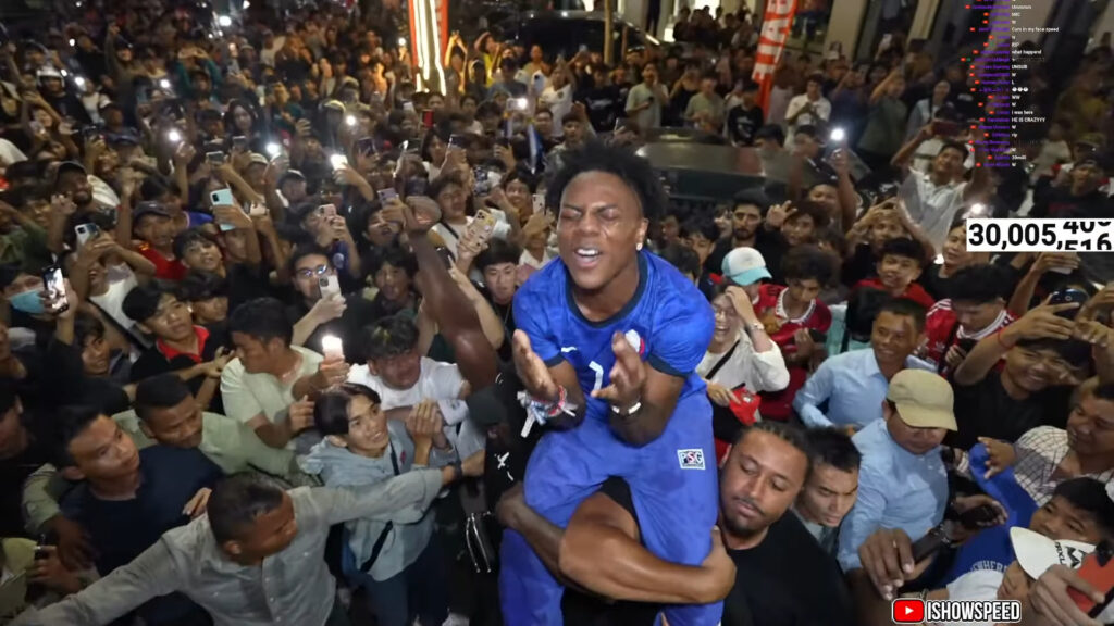 Cambodian fans shout IShowSpeed's name after he hit 30 million subscribers on YouTube.