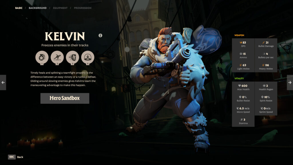Page of hero Kelvin in Deadlock, highlighting his abilities. He's a redhead warrior wearing a big coat.