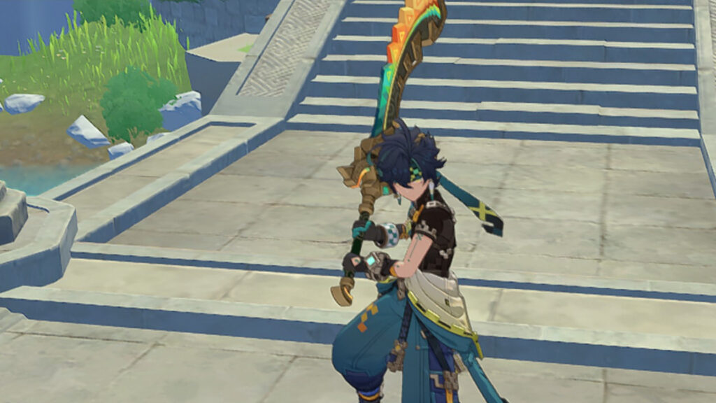 Kinich is holding the Earth Shaker weapon, which is the best weapon for his build in Genshin Impact