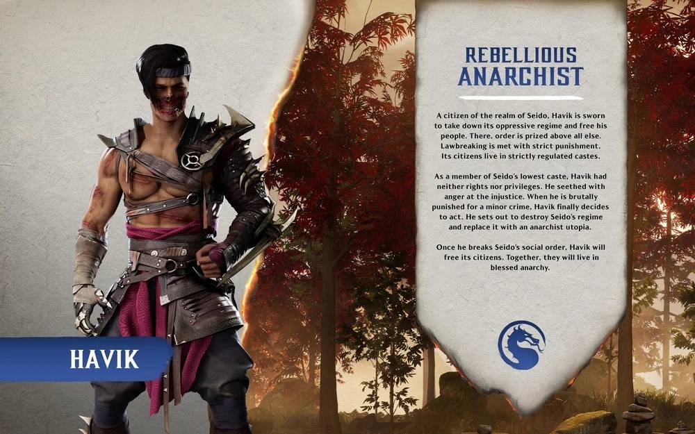 The image shows the Mortal Kombat 1 character Havik and a description of this MK1 character
