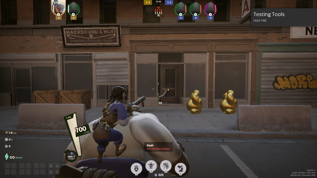 Screenshot taken from Deadlock, showing that a player doesn't have enough Stamina to Dash.