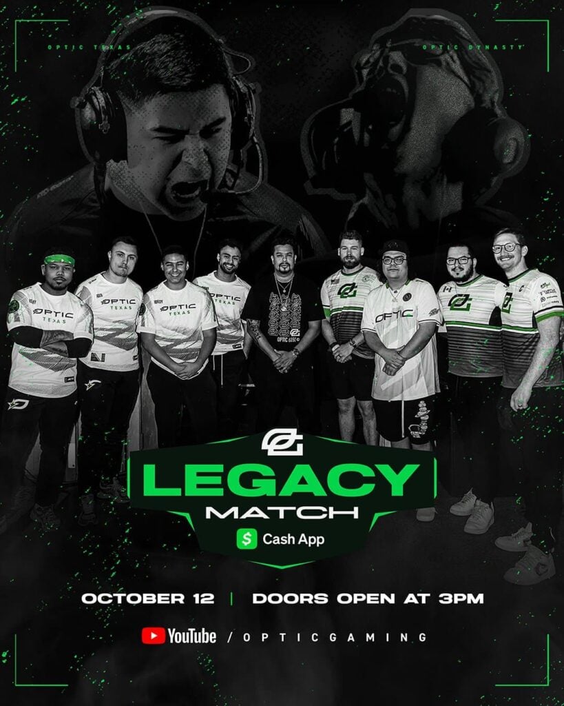 The poster for the OpTic Legacy match with OpTic Texas vs. OpTic Dynasty.