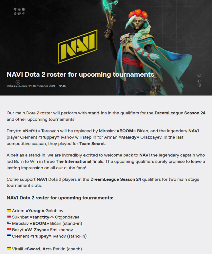 A screenshot of NAVI's announcement that they are signing Puppey