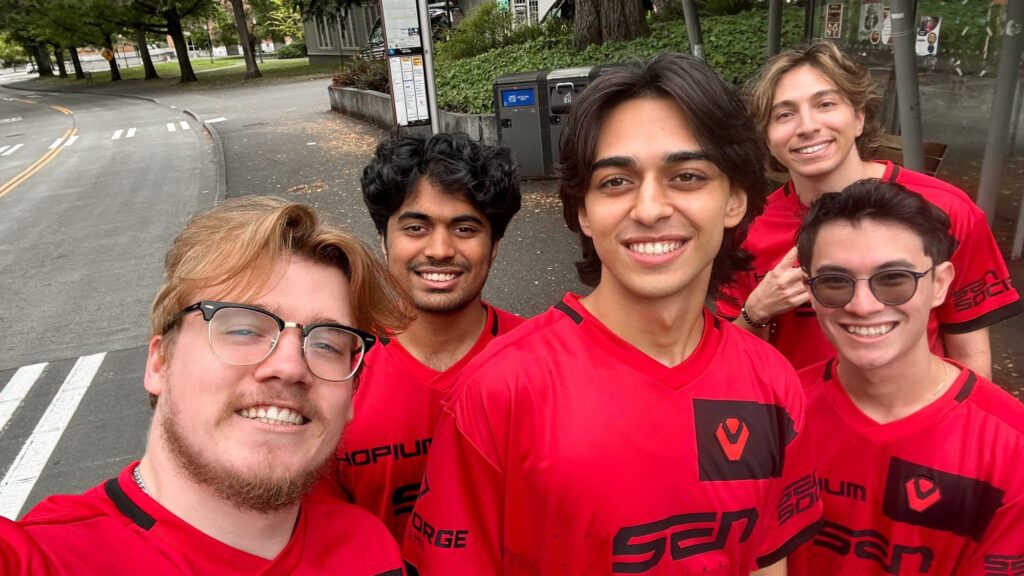 The Sentinels roster participating at the Red Bull Home Ground NA qualifier. Left to right: Zellsis, curry, Reduxx, johnqt, and zekken.