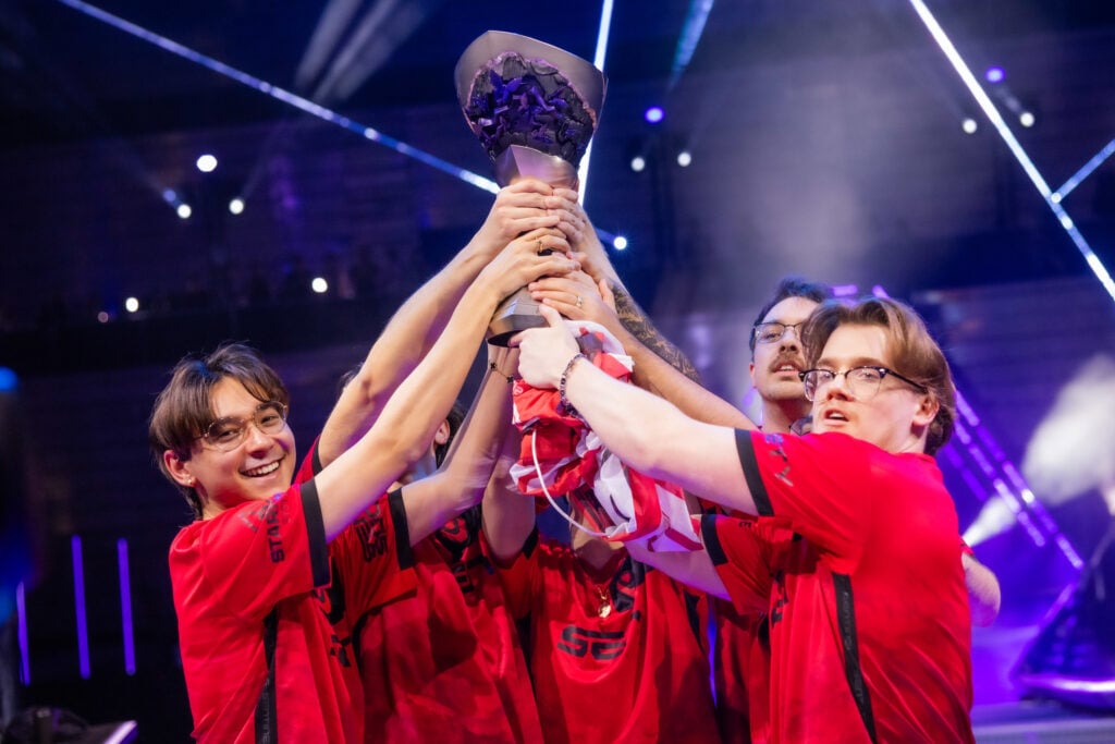 Sentinels celebrate onstage with trophy after victory at VALORANT Masters Madrid Grand Finals at the Madrid Arena on March 24, 2024 in Madrid, Spain. 