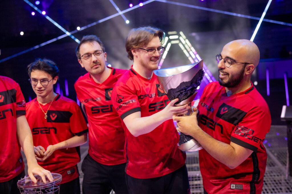 Sentinels celebrate onstage with trophy after victory at VALORANT Masters Madrid Grand Finals at the Madrid Arena on March 24, 2024 in Madrid, Spain. 