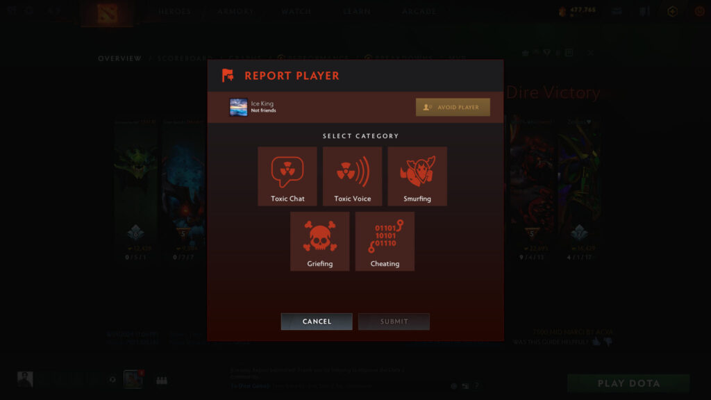 To avoid a Dota player, you must do it through the report screen in the post game