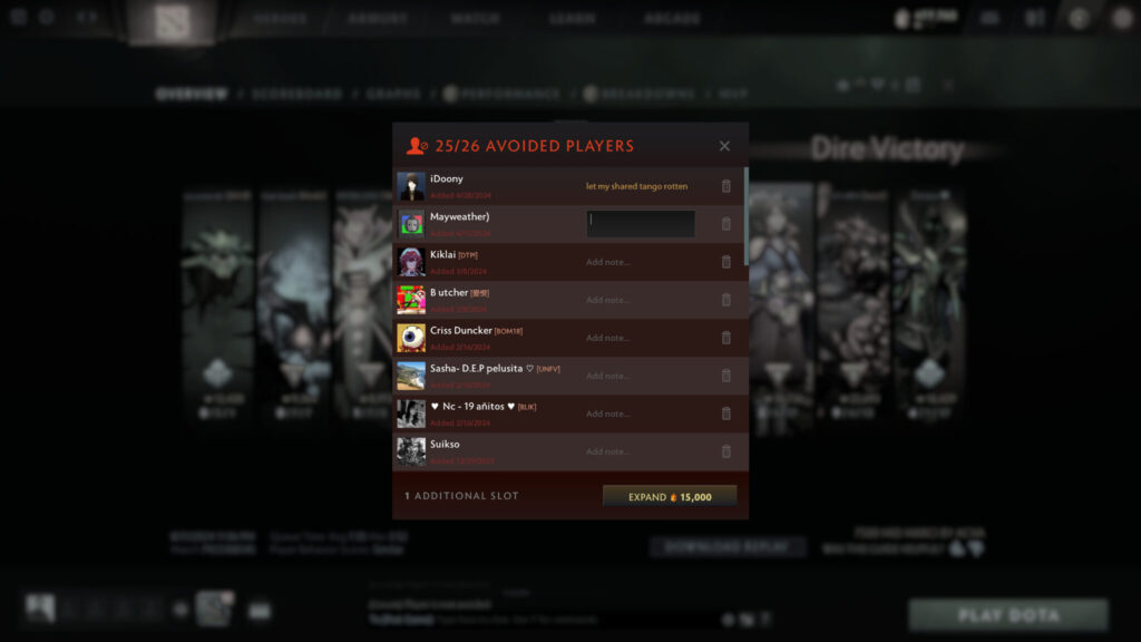 Dota plus avoid list lets you describe why you added every player on it.