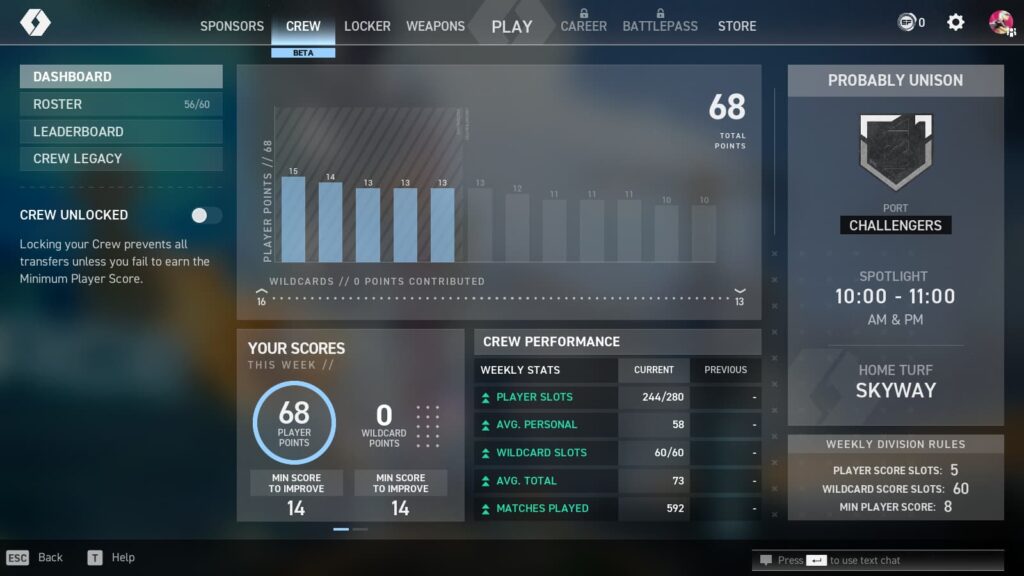 The Crew dashboard in Spectre Divide.