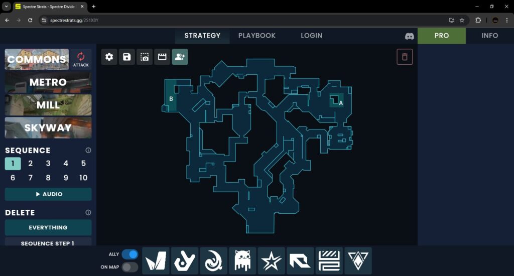 The map on spectrestrats.gg to create strats and lineups for Spectre Divide.