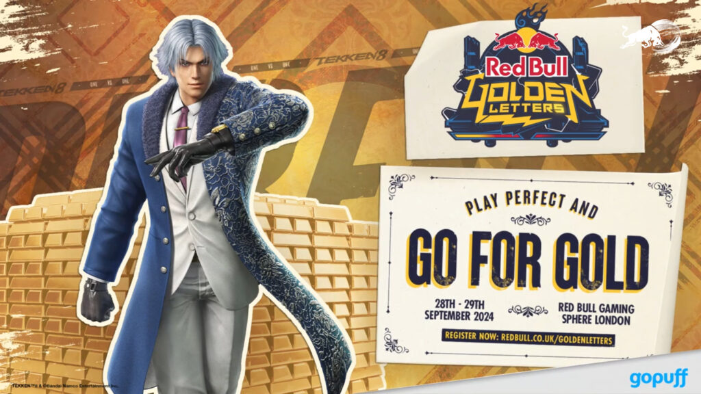 This poster for fighting games esports event TEKKEN 8 Red Bull Golden Letters 2024 features the T8 character Claudio, the tournament logo, and som extra info