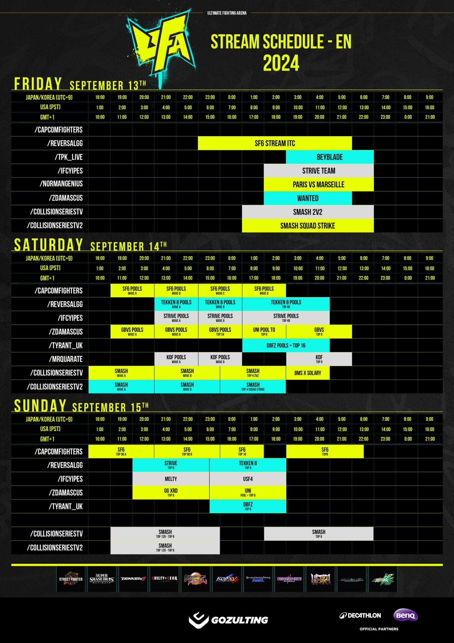 The image contains the full stream schedule of the fighting games esports event Ultimate Fighting Arena 2024