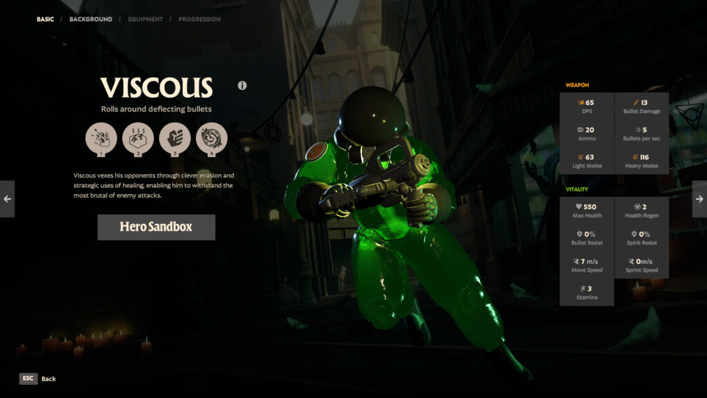 Page of hero Viscous in Deadlock. He wears a green decontamination suit and is holding a gun.
