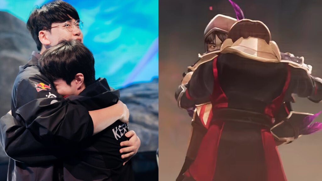 Left: Gumayusi and Keria after their Worlds 2023 win (photo via Colin Young-Wolff / Riot Games)
Right: Heavy is the Crown Music Video still (via Riot Games)