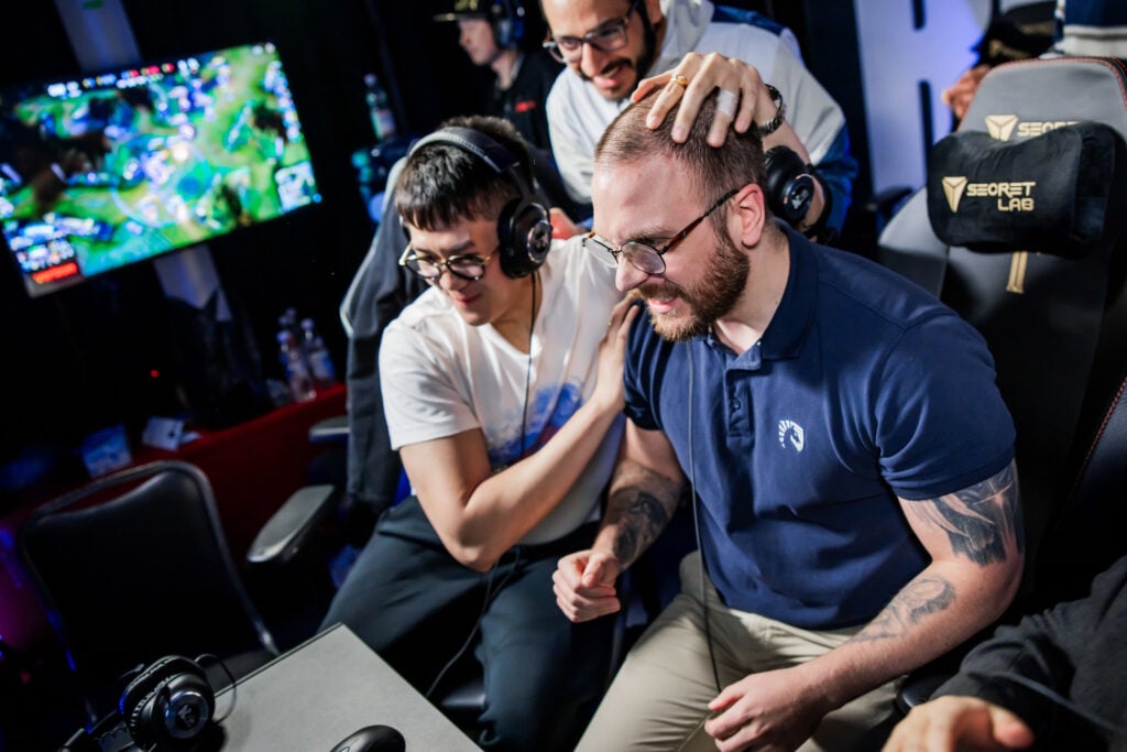 Coach Spawn of Team Liquid reacts back stage at the League of Legends World Championship 2024 Swiss Stage on October 12, 2024 in Berlin, Germany.