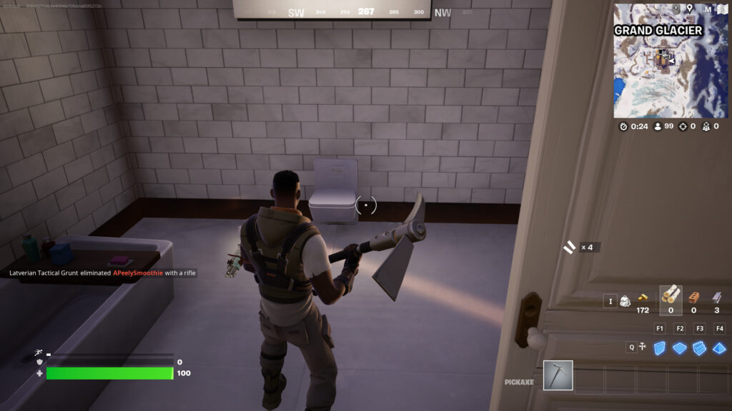 A Fortnite player in front of a toilet inside the Mansion in Grand Glacier.