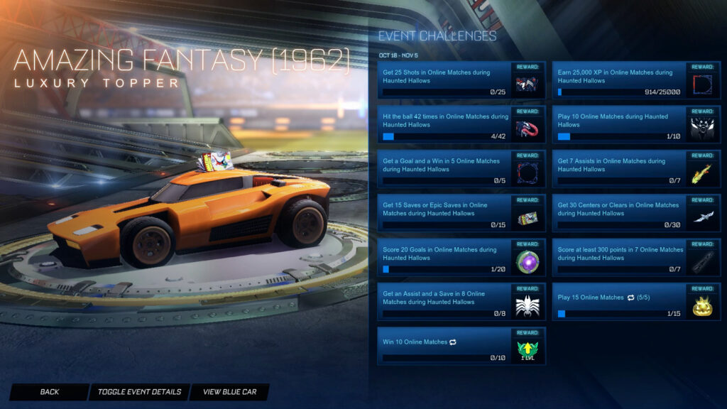 The Rocket League Spider-Man Challenge “Get 15 saves / epic saves” and the reward “Amazing Fantasy (1962): Topper”