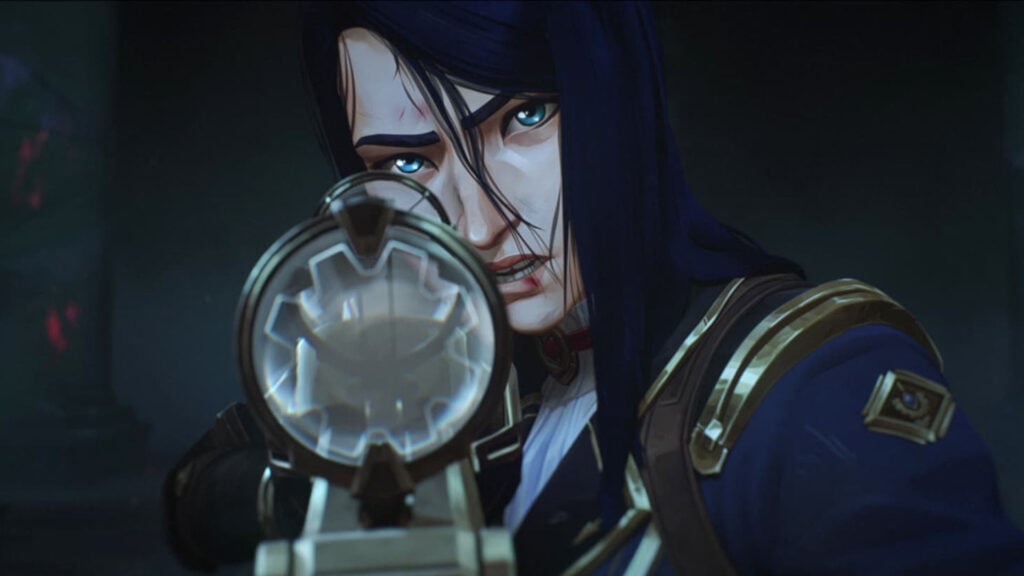 Caitlyn, a woman from TV animated show Arcane, aiming with her rifle.