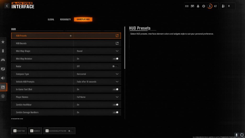 The menu where you can change your HUD in Black Ops 6.
