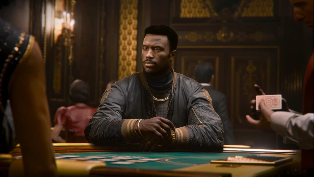 A character from the Call of Duty: Black Ops 6 campaign sits at a table playing cards.