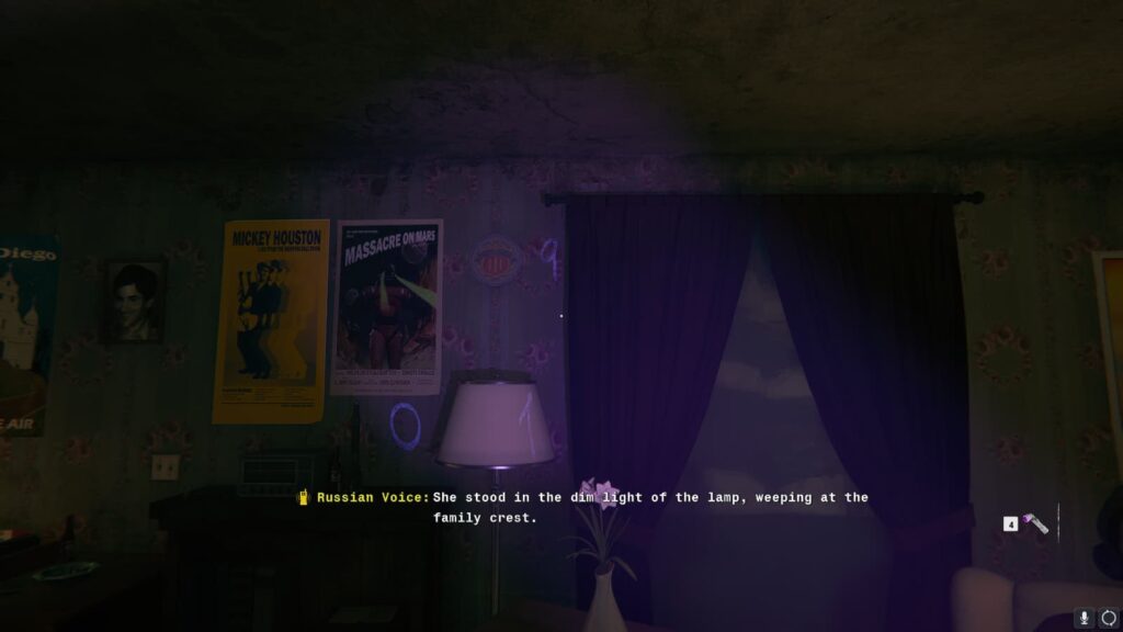 The blacklight shines on a lamp and the wall.