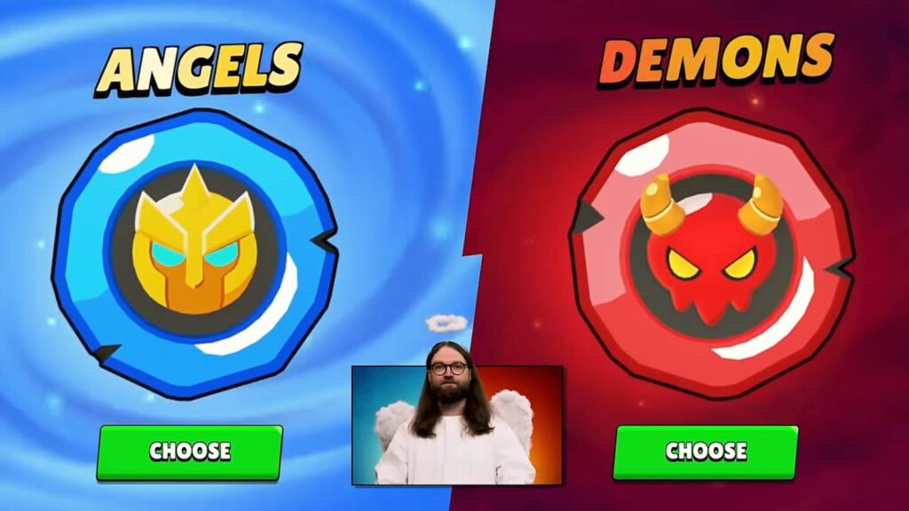 The screenshot shows team icons in the Angels vs Demons Brawl Stars events
