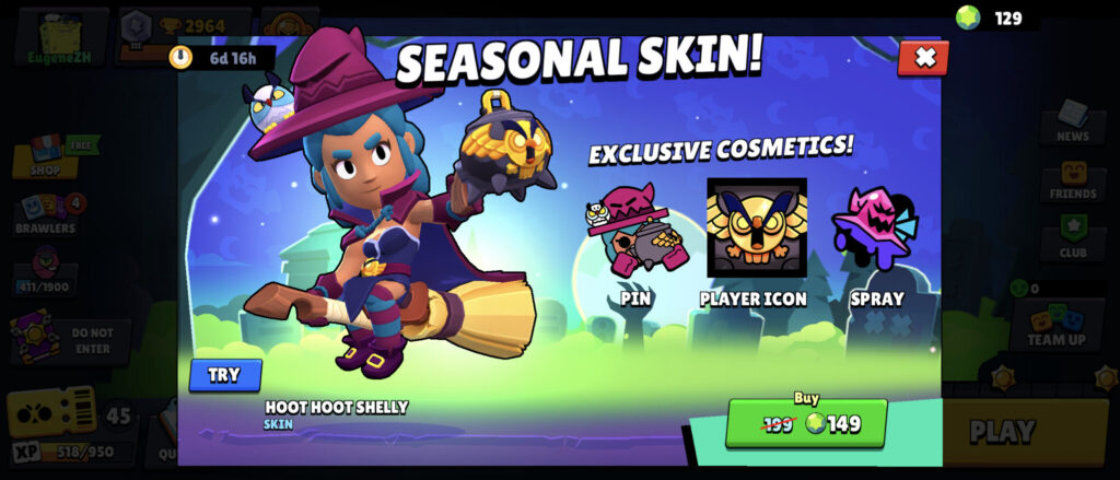 It’s a screenshot from the mobile game Brawl Stars. It shows the skin offer — Hoot Hoot Shelly, one of the Brawl Stars Halloween skins