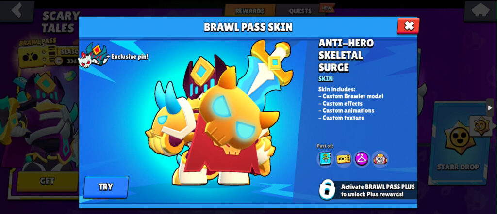 This Chroma version of the character skin in Brawl Stars is available only for owners of the new Brawl Pass Plus. It’s Anti-Hero Skeletal Surge