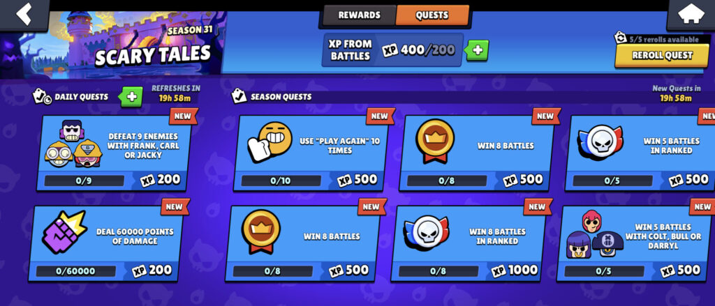 This screenshot from the game Brawl Stars shows examples of quests in the new Brawl Stars season