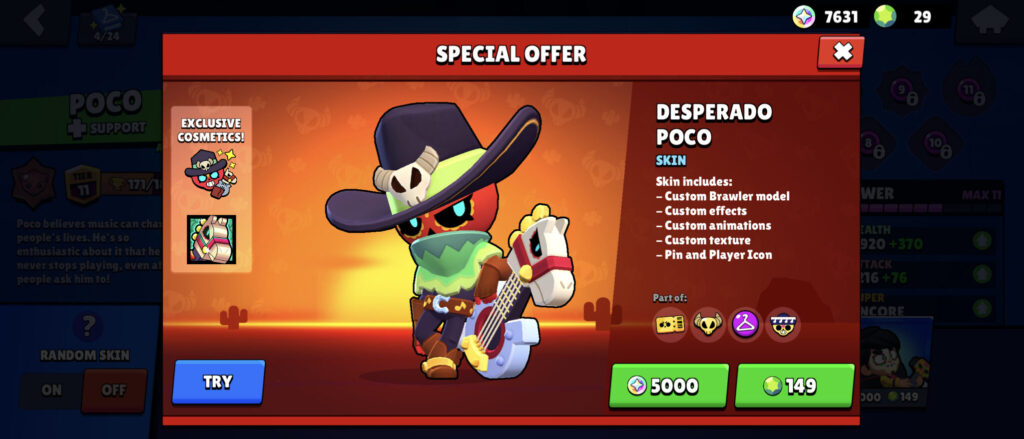 The image shows a skin for the Brawl Stars character, Poco. It’s a skin for the Halloween season in the game