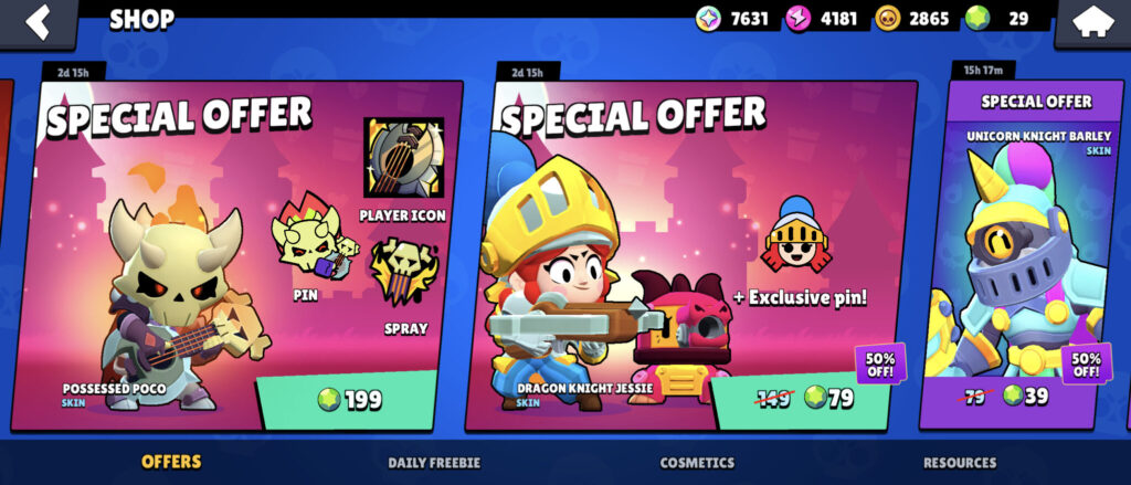This screenshot shows the available Special Offers in the Brawl Stars shop. They are skins for the Brawl Stars new season.