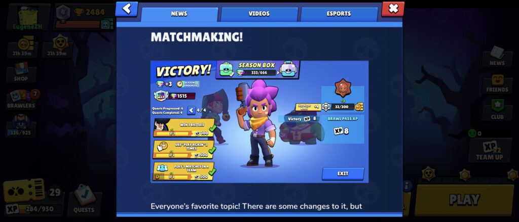 The image shows an example of the Victory screen in Brawl Stars after the new update — Brawl Stars Trophy System Rework