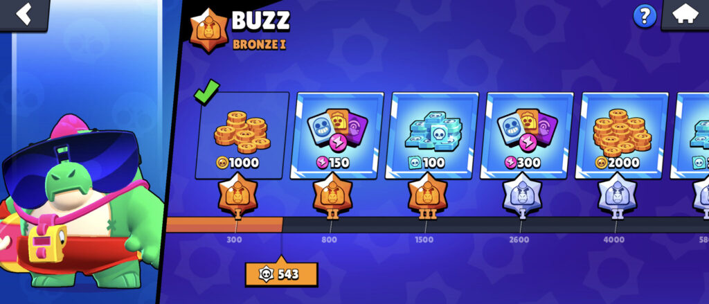 The screenshot from the game Brawl Stars shows a brawler progression and rewards players with new tiers