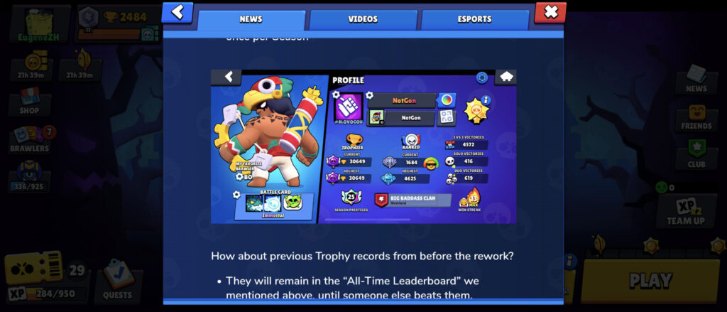 It’s a screenshot from the mobile game Brawl Stars that shows an example of a player profile with the new Brawl Stars Trophy System