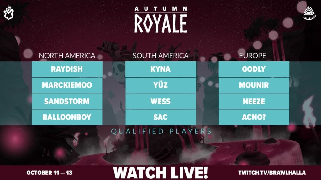 The image contains the lists of players who qualified for the esports event Brawlhalla Autumn Royale 2024 from three main regions: South America, Europe, and North America