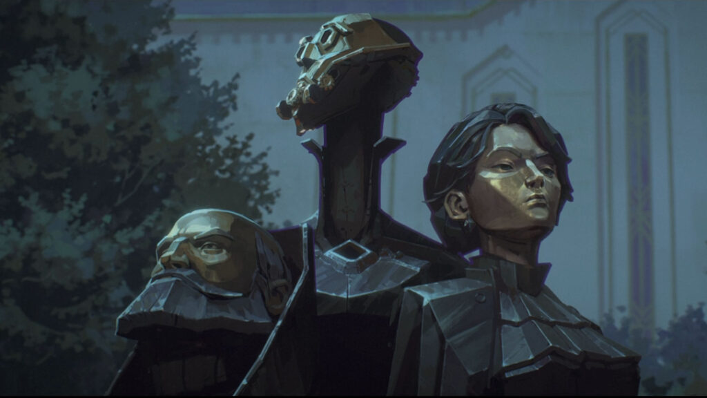 Statue of councilors Cassandra, Irius, and Torman after their death in Arcane Season 2.